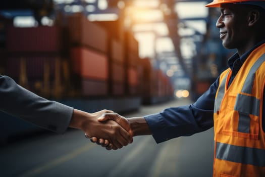 Logistic worker handshake and working together. Generative AI.