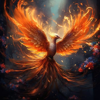 Phoenix is flying burning with fire. Birds. Mythical creatures. Generative AI.