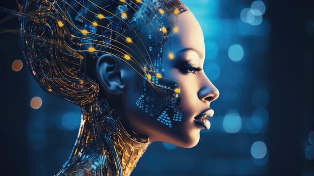 AI Artificial Intelligence concept. Woman robot face with brain of digital technology for deep learning, Machine learning and Singularity.