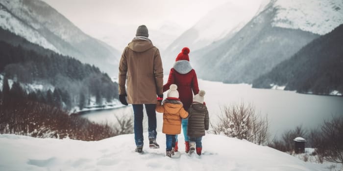 Happy family Father, mother and children are having fun and playing on snowy winter walk in nature. comeliness