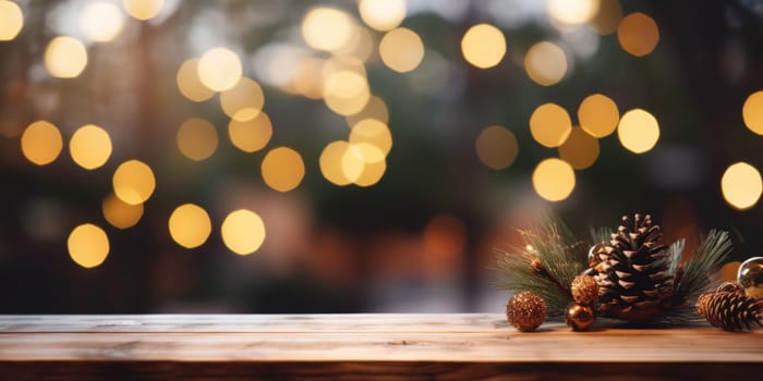 Merry Christmas and Happy New Year background with empty wooden table over Christmas tree and blurred light bokeh. Empty display for product placement. Rustic vintage Xmas 2024 background. comeliness