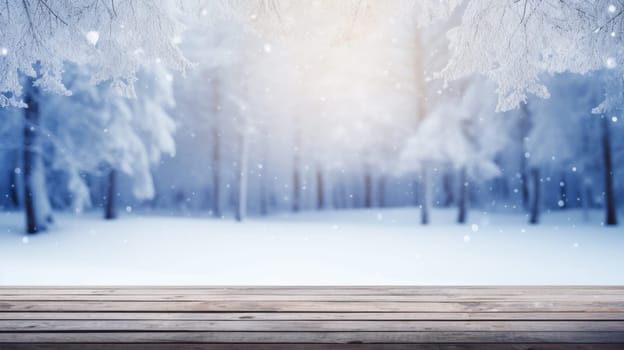 Empty table in beautiful winter landscape, wood plank board in snow mountain outdoor comeliness