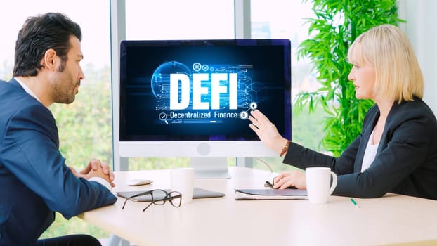 Decentralized finance or DeFi concept on modish computer screen . The defi system give new choice of investment and money saving .