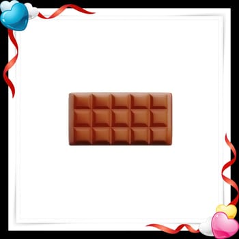 Illustration of chocolate bar on a white background with a red ribbon with colorful hearts