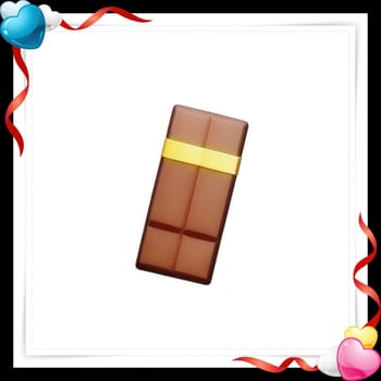 Illustration of chocolate bar on a white background with a red ribbon with colorful hearts