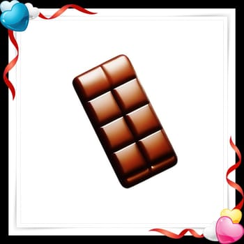 Illustration of chocolate bar on a white background with a red ribbon with colorful hearts