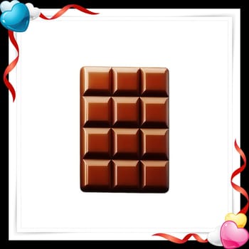 Illustration of chocolate bar on a white background with a red ribbon with colorful hearts