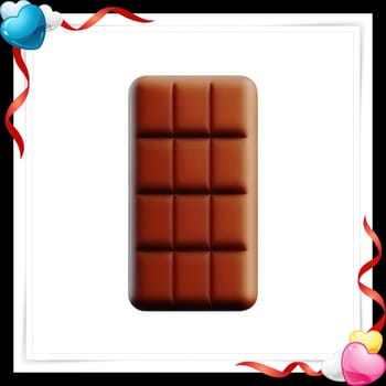 Illustration of chocolate bar on a white background with a red ribbon with colorful hearts