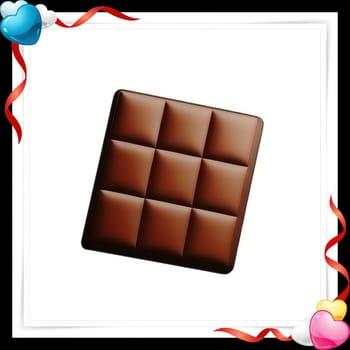 Illustration of chocolate bar on a white background with a red ribbon with colorful hearts