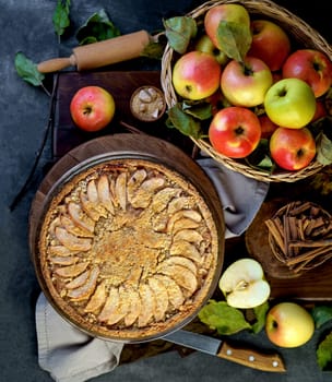 Apples and cinnamon are used in baking. Homemade apple pie on dark rustic background, top view. Classic autumn dessert