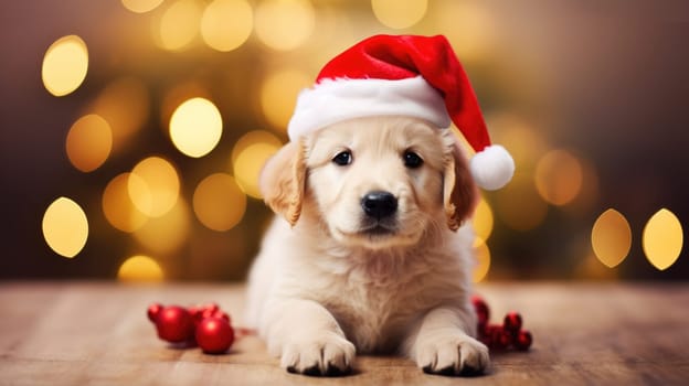 Adorable dog wearing Santa hats at room decorated for Christmas comeliness