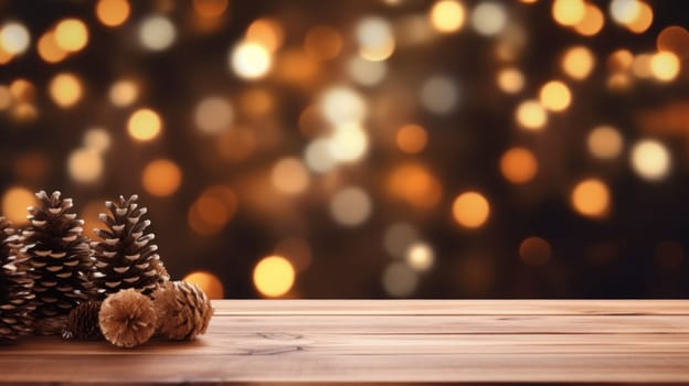 Merry Christmas and Happy New Year background with empty wooden table over Christmas tree and blurred light bokeh. Empty display for product placement. Rustic vintage Xmas 2024 background. comeliness