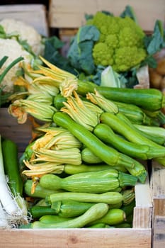 Nice. French market. Fresh zucchini with flowers sold at the market