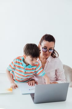 Woman with boy playing laptop