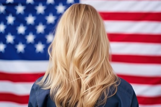 Blonde girl against the background of a blurred US flag.