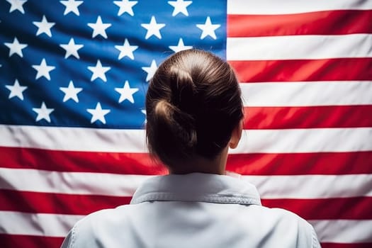 Rear view of a young woman next to the US flag.
