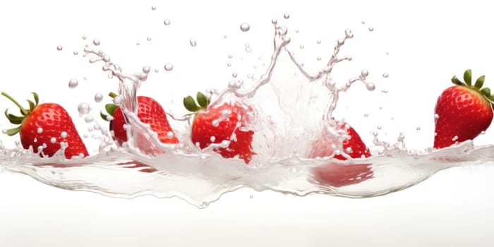 milk splash with strawberries isolated on white. AI Generated