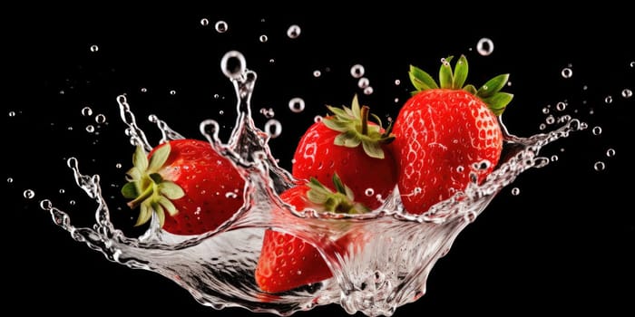 milk splash with strawberries isolated on black . AI Generated
