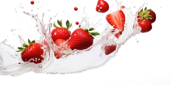 milk splash with strawberries isolated on white. AI Generated