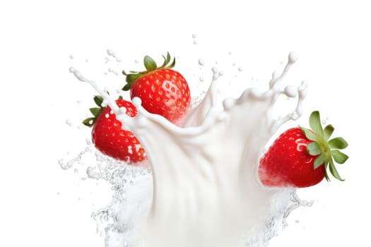 milk splash with strawberries isolated on white. AI Generated
