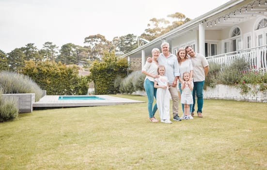 Portrait, real estate and a family in the garden of their new home together for a visit during summer. Children, parents and happy grandparents in the backyard for property investment with space.