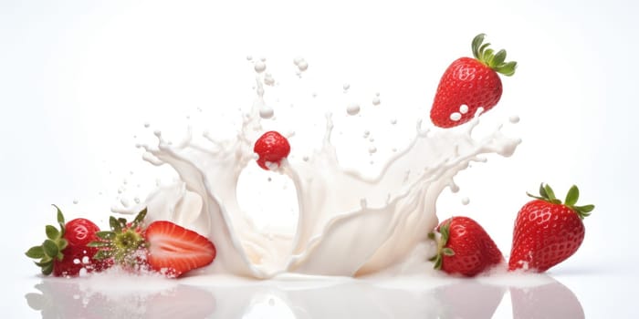 milk splash with strawberries isolated on white. AI Generated