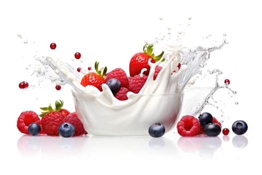 Mix Berries Falling On Milk Splash. AI Generated