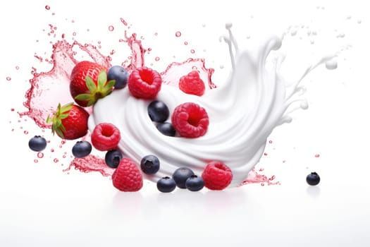 Mix Berries Falling On Milk Splash. AI Generated