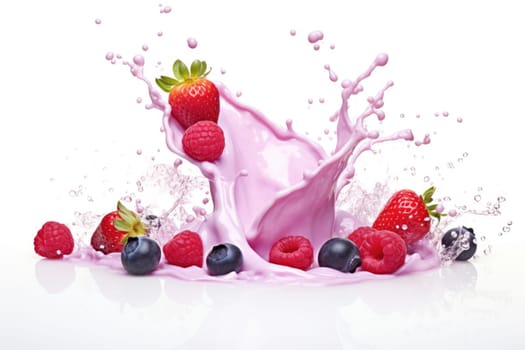 Mix Berries Falling On Milk Splash. AI Generated