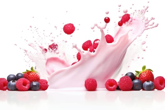 Mix Berries Falling On Milk Splash. AI Generated