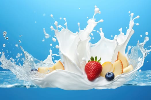 Mix Berries Falling On Milk Splash on blue background. AI Generated