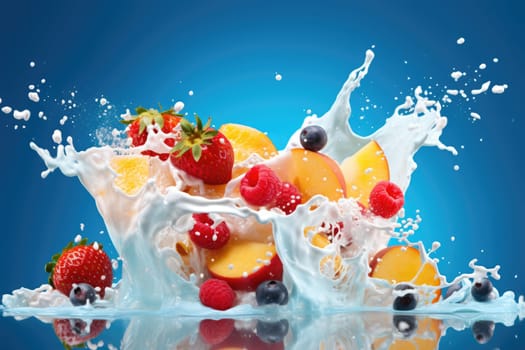 Mix Berries Falling On Milk Splash on blue background. AI Generated