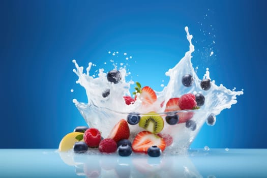 Mix Berries Falling On Milk Splash on blue background. AI Generated