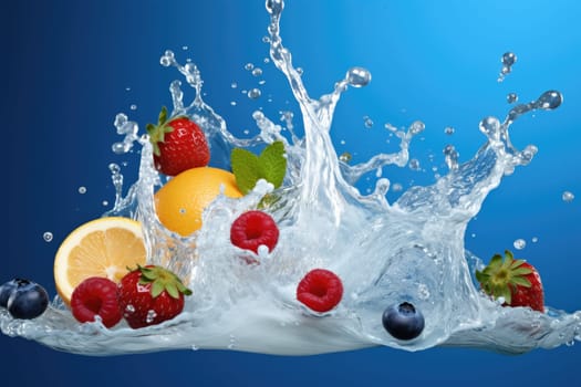 Mix Berries Falling On Milk Splash on blue background. AI Generated