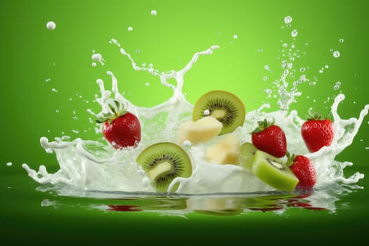 Mix Berries Falling On Milk Splash on green background. AI Generated