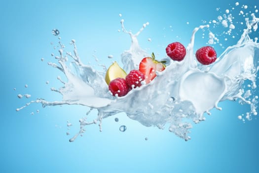 Mix Berries Falling On Milk Splash on blue background. AI Generated