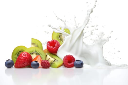 Mix Berries Falling On Milk Splash. AI Generated