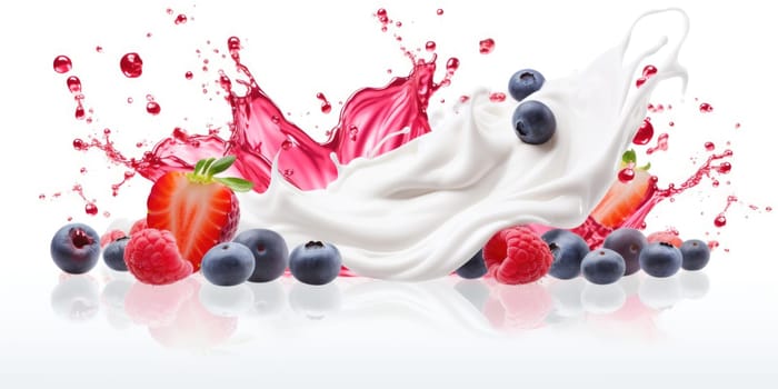 Mix Berries Falling On Milk Splash. AI Generated