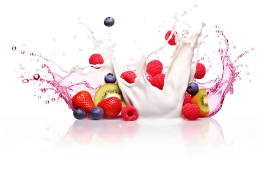 Mix Berries Falling On Milk Splash. AI Generated