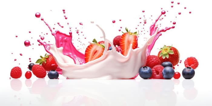 Mix Berries Falling On Milk Splash. AI Generated