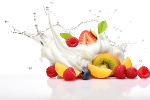 Mix Berries Falling On Milk Splash. AI Generated