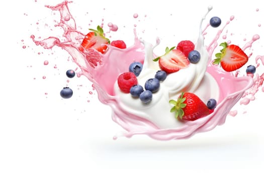 Mix Berries Falling On Milk Splash. AI Generated