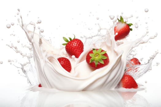 Mix Berries Falling On Milk Splash. AI Generated