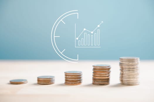 Silver coins form a stack adjacent to a trading chart rising arrow, illustrating financial concepts and investment in business stock growth. Technology leaps shape this landscape. money saving graph