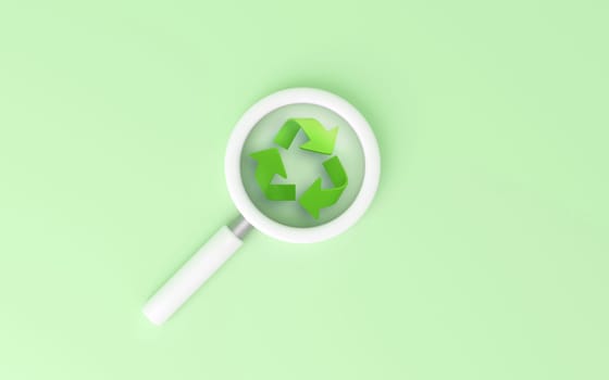 Magnifying glass looking a green recycling sign on green background. 3D rendering.