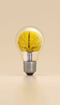 Light bulb with a brain inside illuminated on yellow background. Innovation concept. 3D rendering.