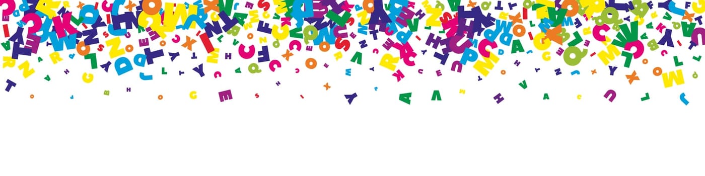 Falling letters of English language. Bright flying words of Latin alphabet. Foreign languages study concept. Optimal back to school banner on white background.