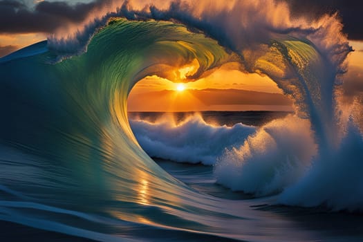 Surfing ocean wave at sunset. Beautiful natural landscape. Beautiful sunset over ocean wave. Surfing on the ocean.Ocean wave at sunset. 3D render of ocean wave at sunset.