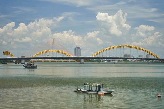 View of the Han River and the Dragon Bridge in Da Nang, Vietnam. High quality photo