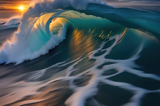 Surfing ocean wave at sunset. Beautiful natural landscape. Beautiful sunset over ocean wave. Surfing on the ocean.Ocean wave at sunset. 3D render of ocean wave at sunset.